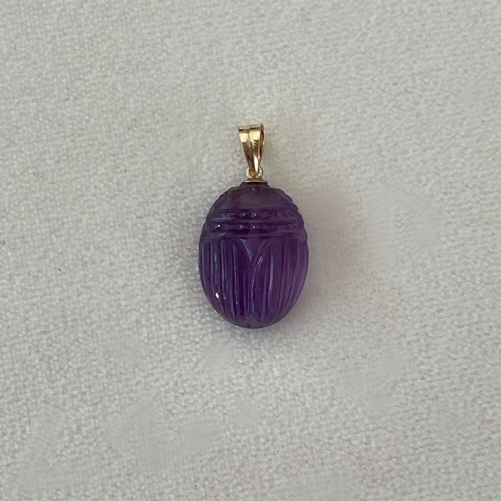 Solid 14K Gold Amethyst Scarab Beetle Pendant: Good Luck Charm